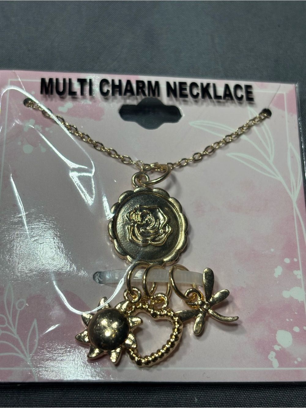 New Gold Multi Charm Necklace with Heart Floral and Dragonfly Charms